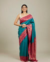 Rama Green Buta Patterned Saree with Floral Leaf Border